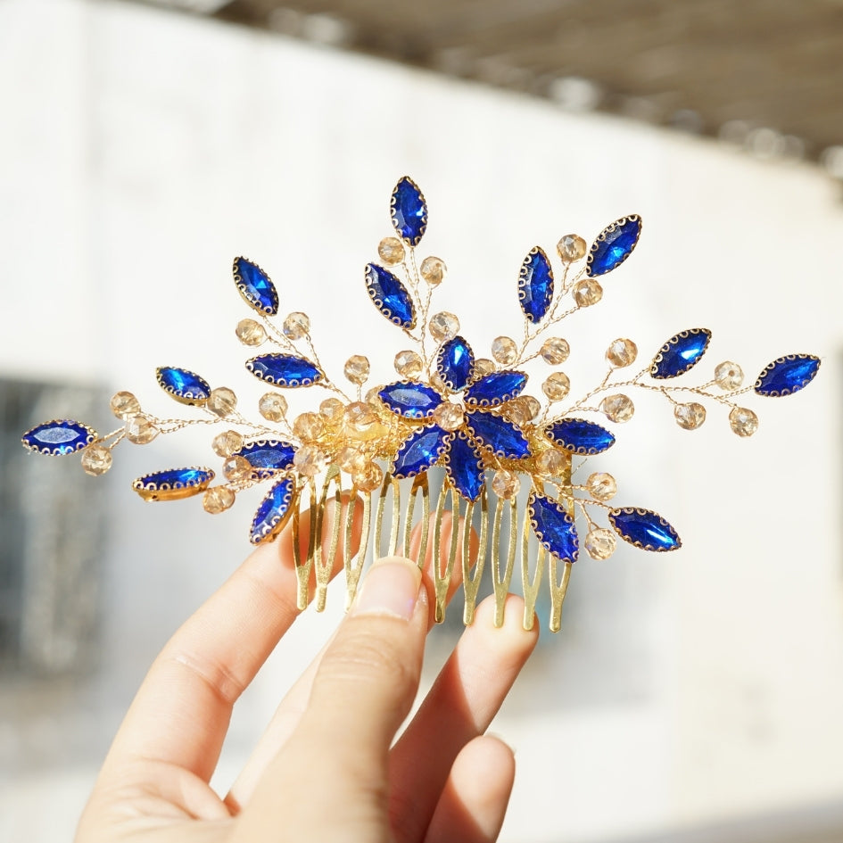 Peigne cheveux feuilles Bleu roi en cristaux