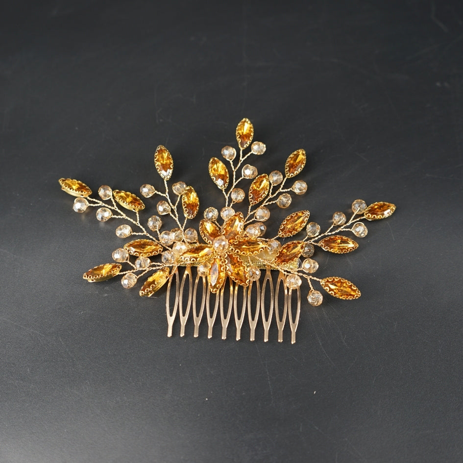 Peigne cheveux feuilles doré en cristaux
