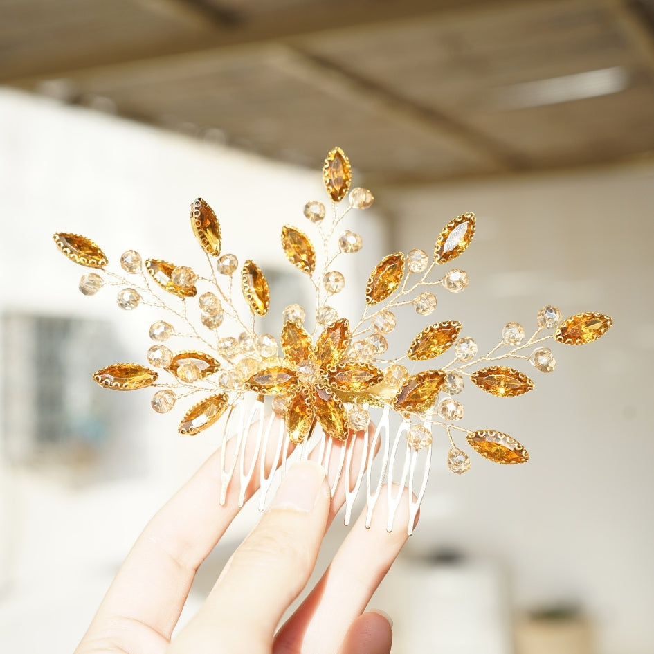 Peigne cheveux feuilles doré en cristaux