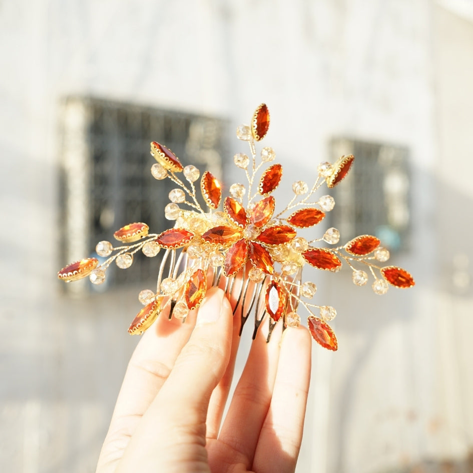 Peigne cheveux feuilles orange en cristaux