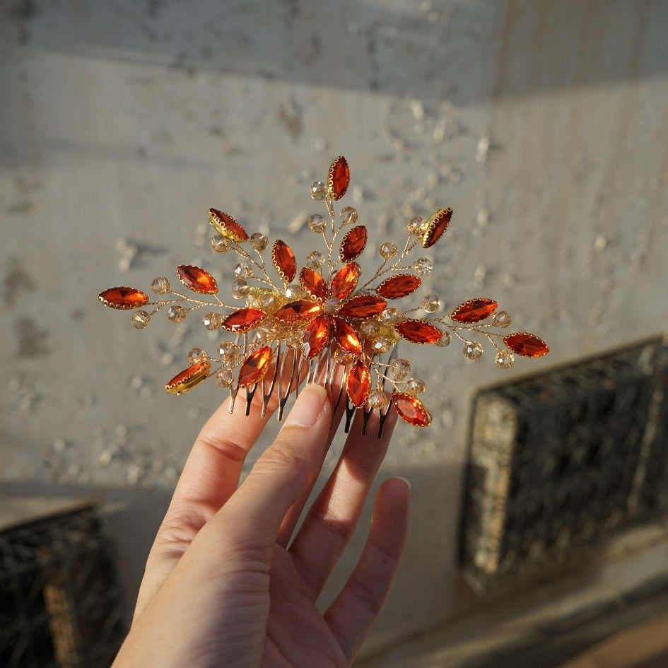 Peigne cheveux feuilles orange en cristaux