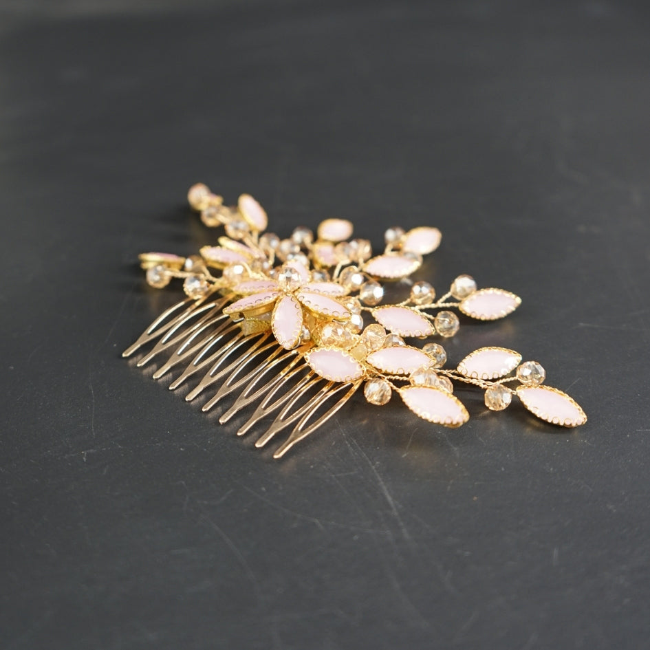 Peigne cheveux feuilles rose  en cristaux