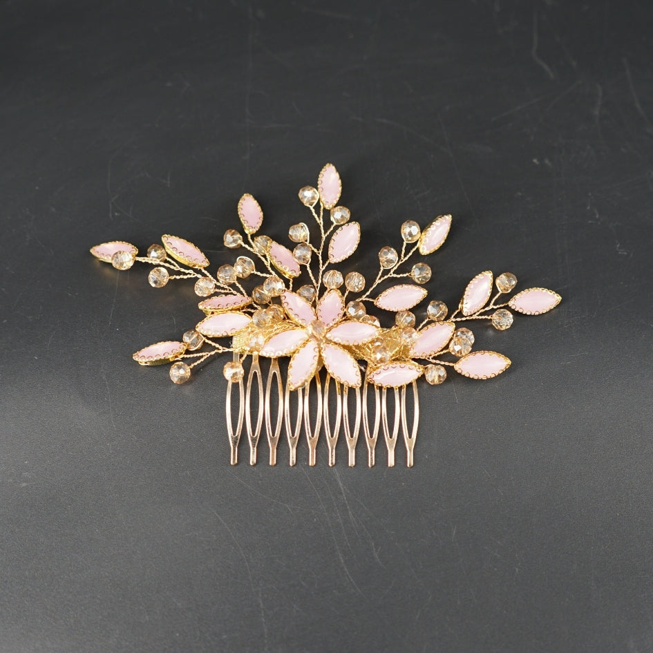 Peigne cheveux feuilles rose  en cristaux