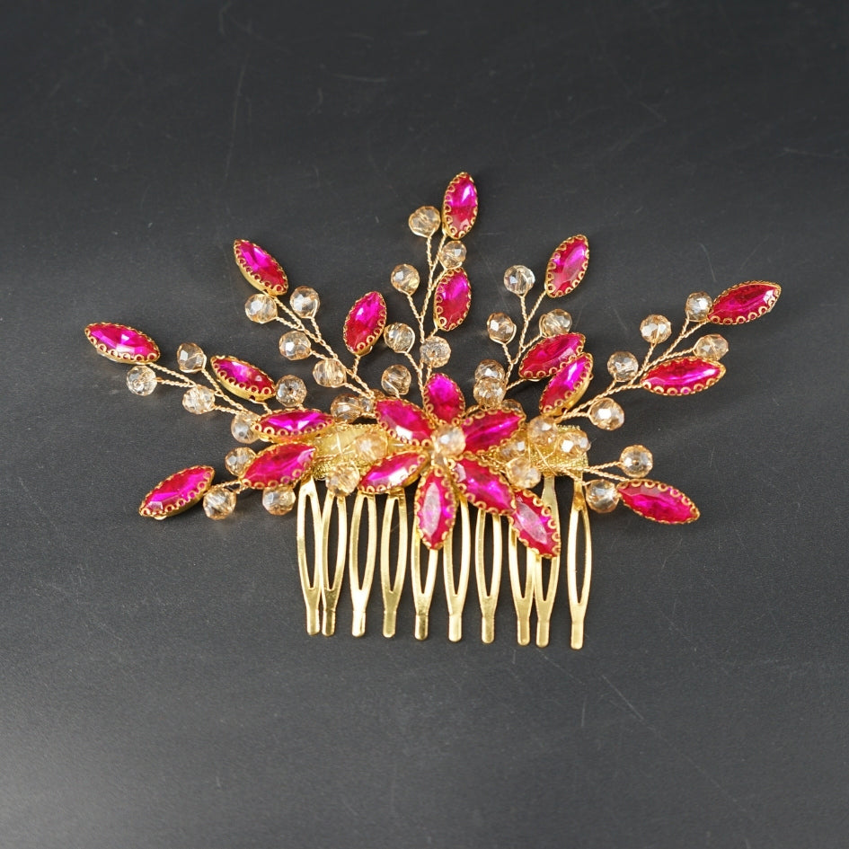 Peigne cheveux feuilles rose fuchsia en cristaux