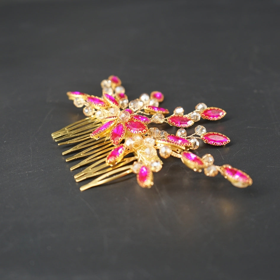 Peigne cheveux feuilles rose fuchsia en cristaux