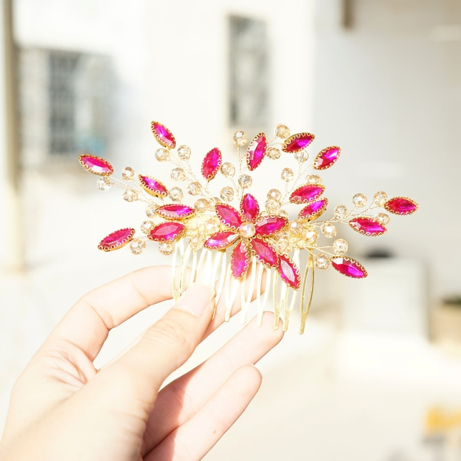 Peigne cheveux feuilles rose fuchsia en cristaux