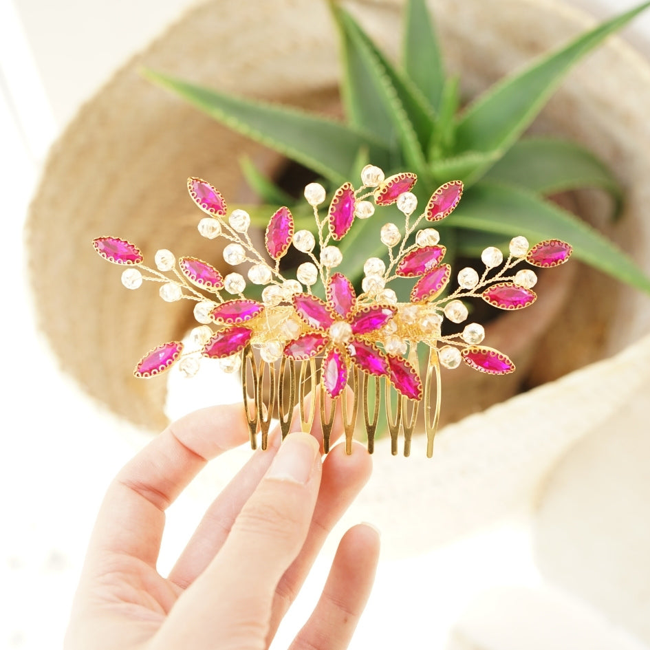 Peigne cheveux feuilles rose fuchsia en cristaux