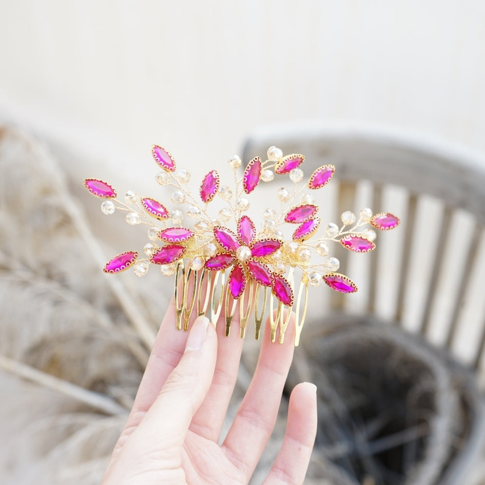 Peigne cheveux feuilles rose fuchsia en cristaux