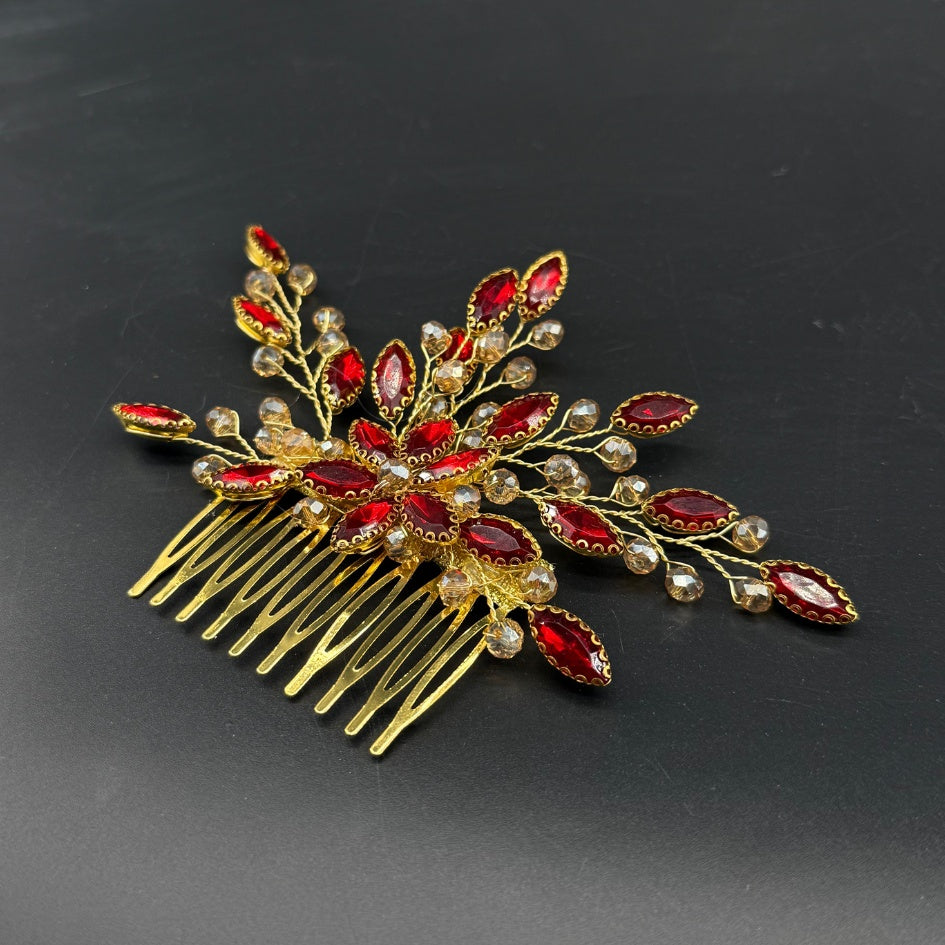 Peigne cheveux feuilles rouges et perles transparentes