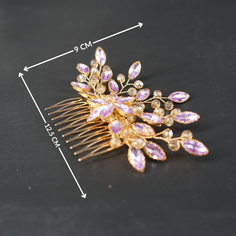 Peigne cheveux feuilles violet en cristaux