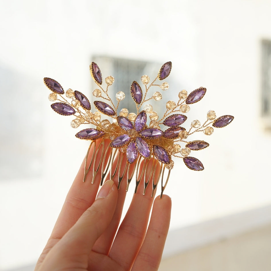 Peigne cheveux feuilles violet en cristaux